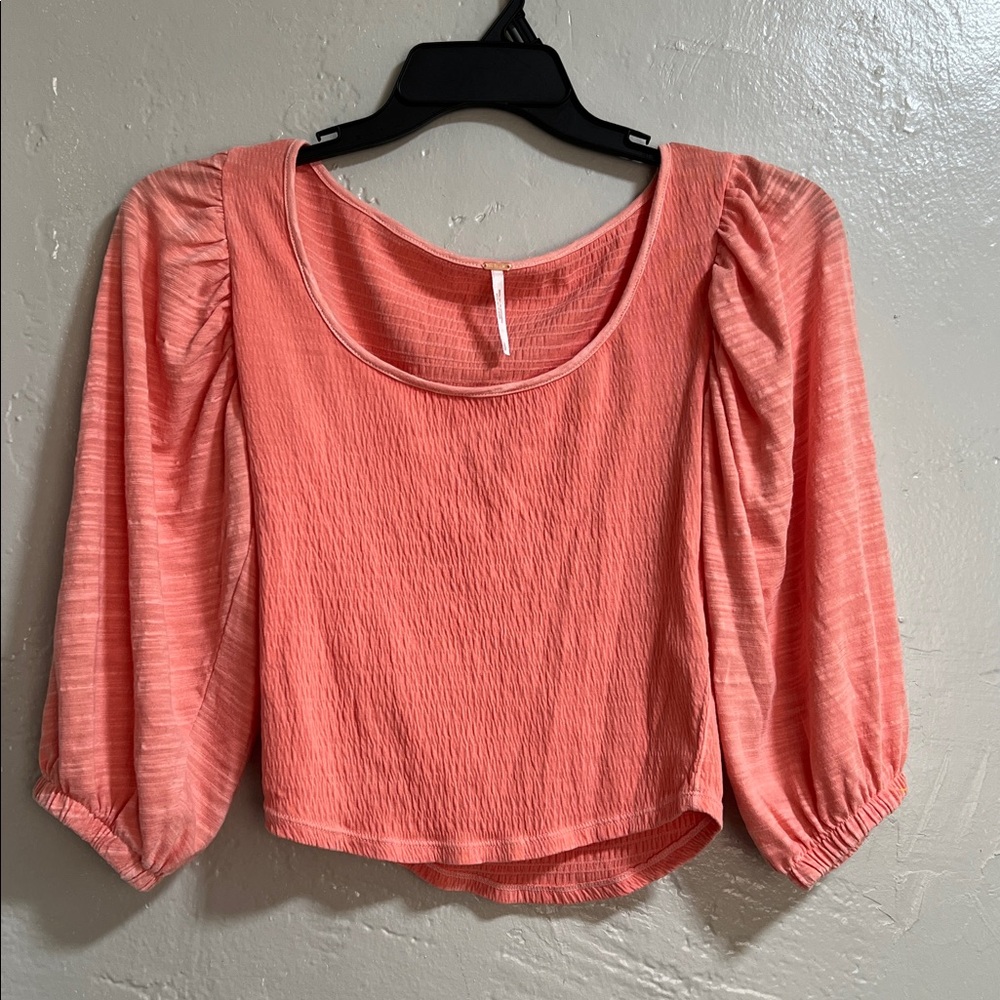Free People Day Lily Puff Sleeve Blouse Top Size SM Coral Pink - Picture 2 of 7